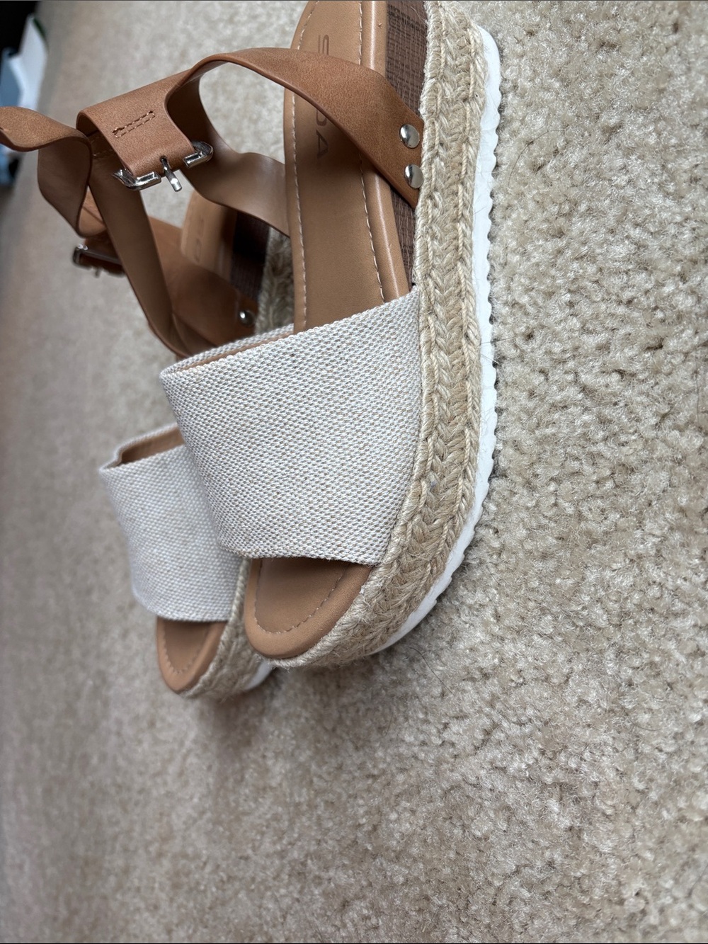 Soda Cream Canvas Espadrille Platform Sandals with Tan Ankle Straps